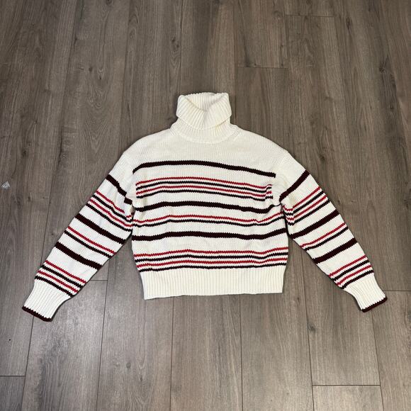 Madewell Ribbed Cotton Turtleneck Sweater Sz M Cabernet Stripes Knit Long Sleeve - Picture 3 of 7